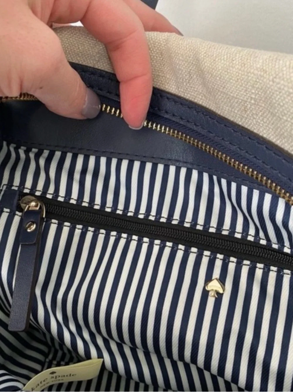 kate spade Beige and Navy Canvas Satchel with Gold Spade Logo